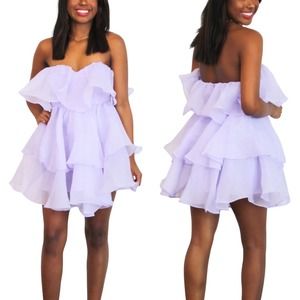 NEW Strapless Organza Tiered Ruffle Tulle Mini Puff Dress Lavender Purple - M